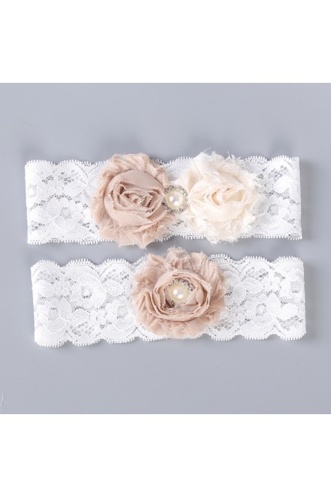 Floral Pearl Decor Elastic Lace Bridal Garter Set