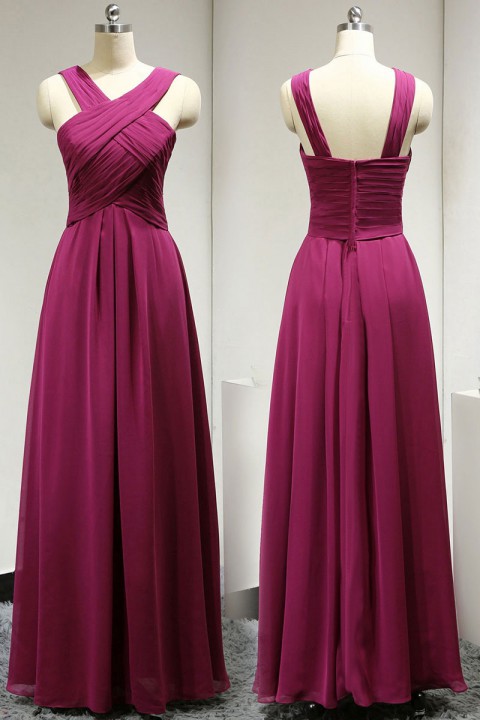 Criss-Cross Halter Long Chiffon Pleated Bridesmaid Dress with Straps Back