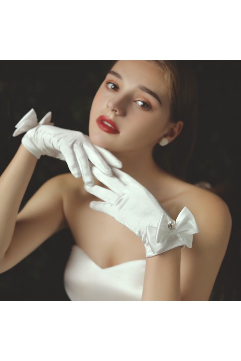 White Pearl Bow Decor Wedding Bridal Satin Gloves