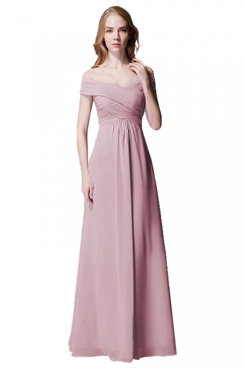 Crisscross Off-the-Shoulder Pleated V-back Bridesmaid Dress Long