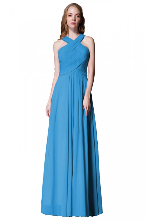 Chic Criss-cross Halter Pleated Chiffon Bridesmaid Dress Long