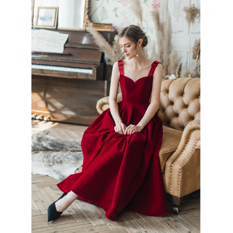 Burgundy Bowknot Decor Straps Velvet Party Dress