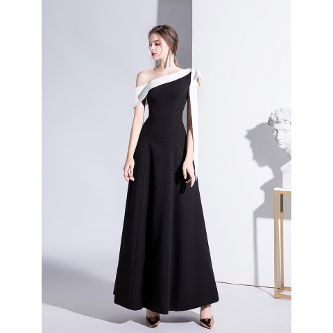 Black Big Bow One Shoulder Design Sleeveless Satin Party Dress