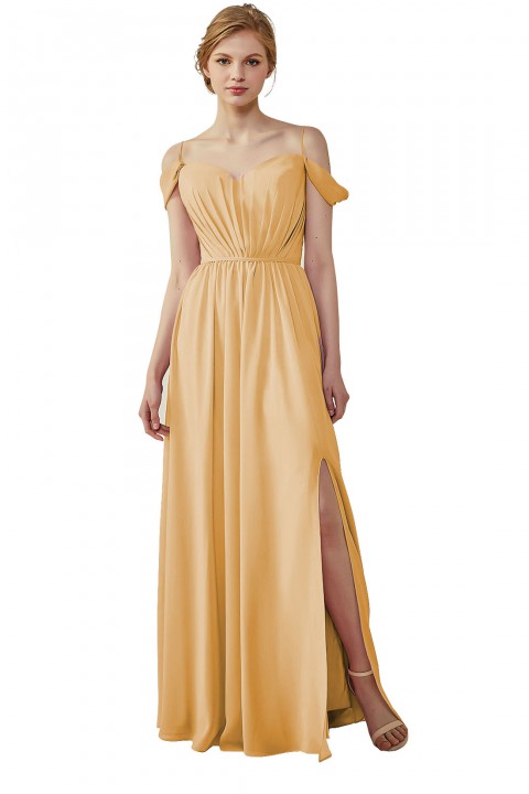 A-Line Cold Shoulder Spaghetti Straps Chiffon Bridesmaid Dress with Side Slit