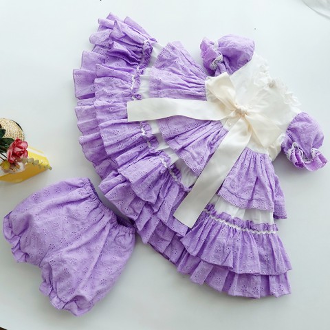 Purple Short Sleeve Bow Decor Layered Princess Costume Dresses