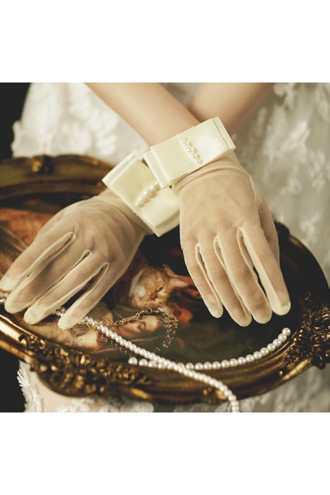 White Pearl Decor Satin Thin Tulle Wedding Bridal Gloves