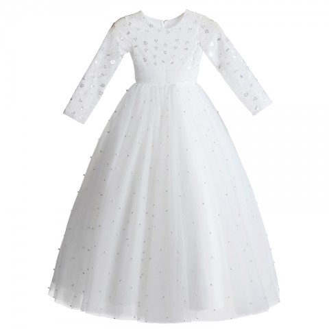 White Round Neck Long Sleeves Sequin Flower Beaded Tulle Skirt Girls Pageant Dress