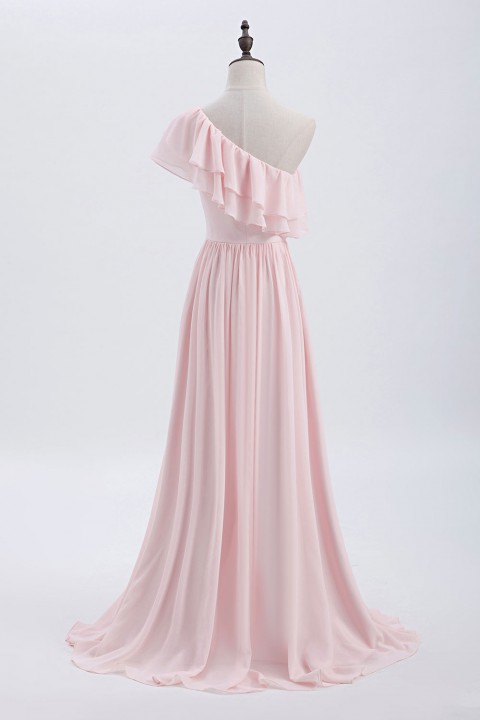 Asymmetrical One-Shoulder Flounce Chiffon Bridesmaid Dress Long