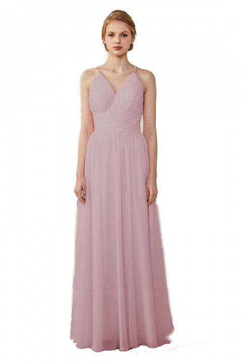 Spaghetti Straps V-Neck Bridesmaid Dress Open Back with Triangle Lace Detail