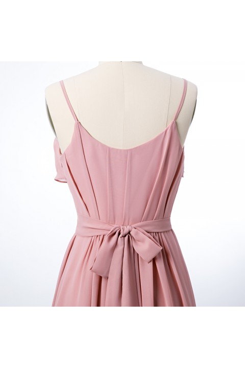 Spaghetti Straps Scoop Back Ruffled Chiffon Bridesmaid Dress with Sash