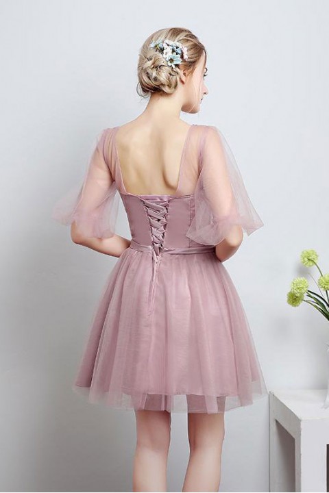 Tulle Illusion Scoop Corset Back Short Sleeve Bridesmaid Dress with Sash