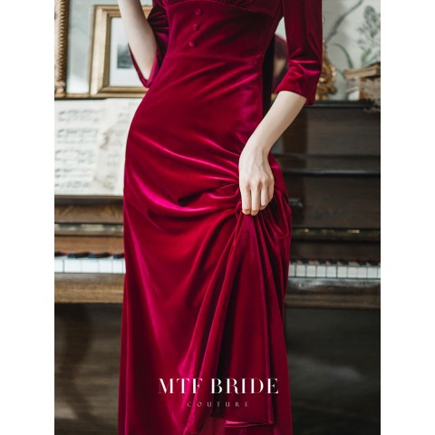 Burgundy V-neck Tie Back Velvet Party Dress