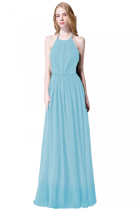 Halter Spaghetti Strap Open Back Chiffon Bridesmaid Dress with Sash