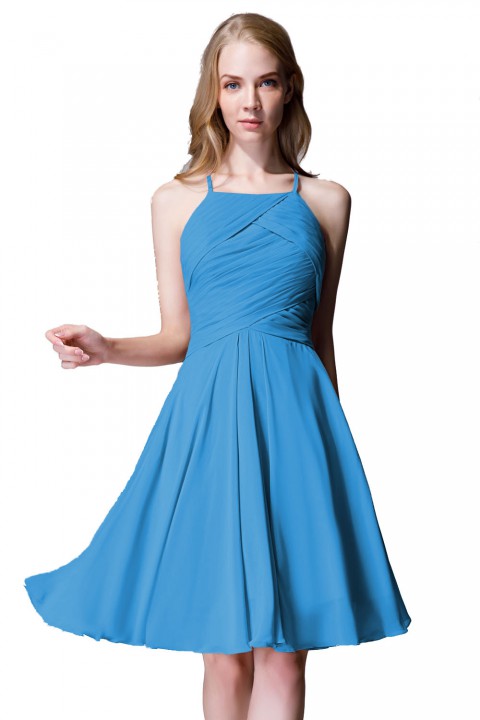 Elegant Halter Tea Length Pleated Chiffon Bridesmaid Dress with Tie Back