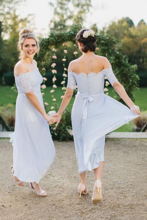 Lace Off Shoulder Straight Pleated Bridesmaid Dress with Short Sleeves