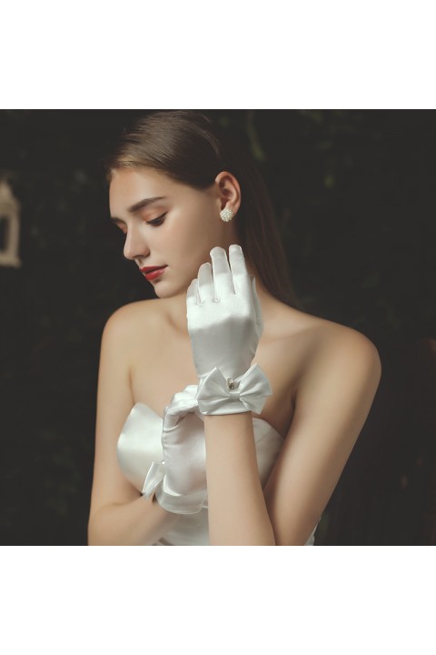 White Pearl Bow Decor Wedding Bridal Satin Gloves