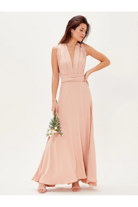 Pink Elegant One Shoulder Belted Luxe Satin Bridesmaid Dress Multiple Wear Styles
