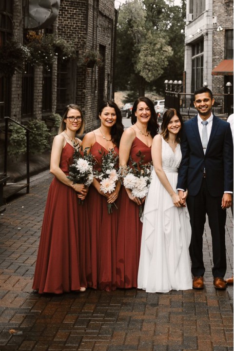 Spaghetti Straps V Neck Chiffon Bridesmaid Dress with Open Back