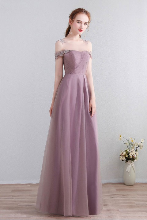 Lace Illusion Scoop Neckline Cold Shoulder Tulle Bridesmaid Dress with Open Back