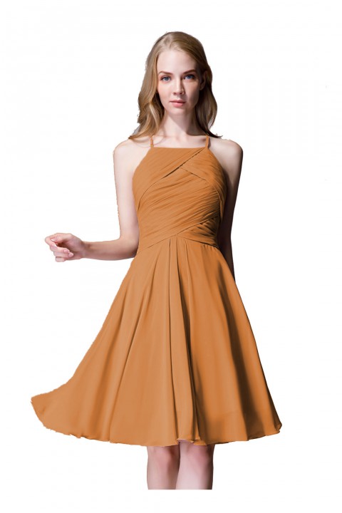 Elegant Halter Tea Length Pleated Chiffon Bridesmaid Dress with Tie Back