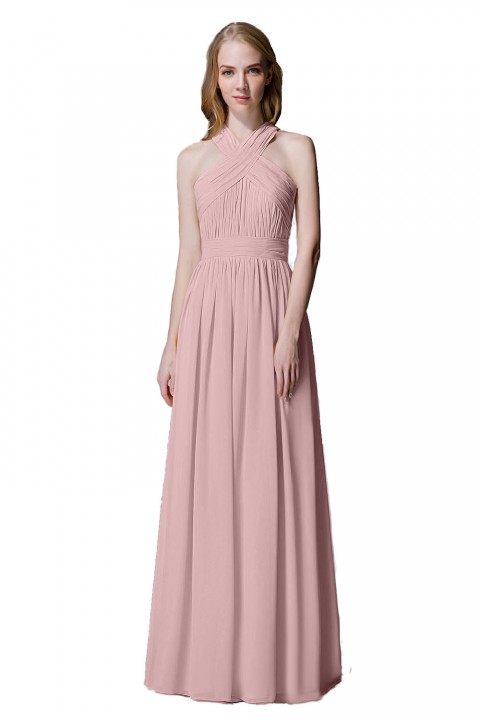 Criss-cross Halter Pleated Chiffon Bridesmaid Dress with Cross-straps Back