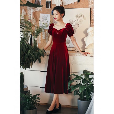 Burgundy Elena Sweetheart Neck Pearl Decor Puff Sleeves Velvet Party Dress