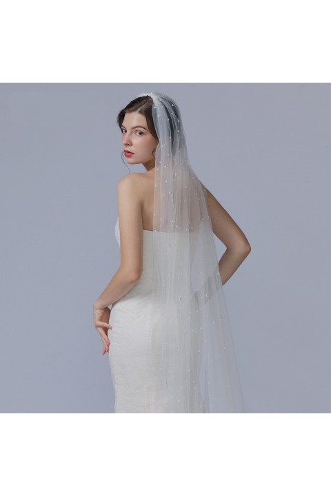 One-tier Cut Edge Cathedral Bridal Veil With Pearl