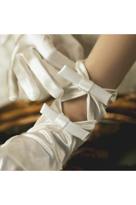 White Vintage Double Bows Design Satin Wedding Bridal Gloves