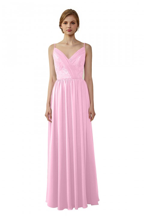 Double Spaghetti Straps Draped Lace Open-back Chiffon Bridesmaid Dress