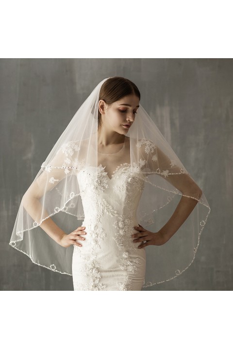 White Two-Tier Beads Decor Soft Tulle Wedding Bridal Veil With Comb