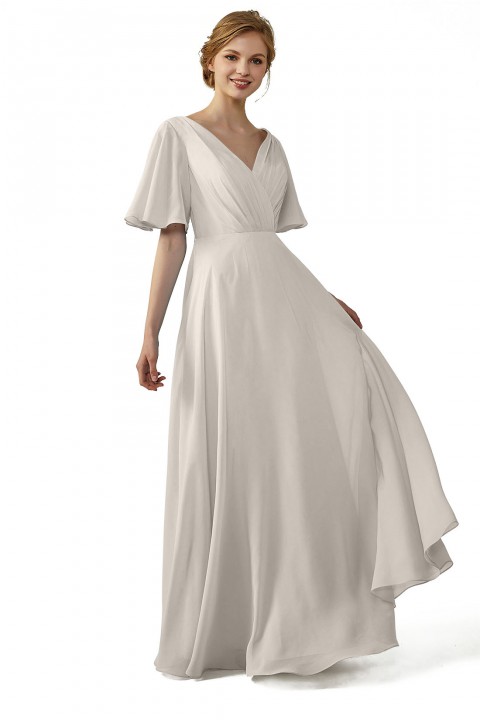 Casual V-Neck Flutter Sleeves Chiffon Ruched Bridesmaid Dress with Keyhole Back