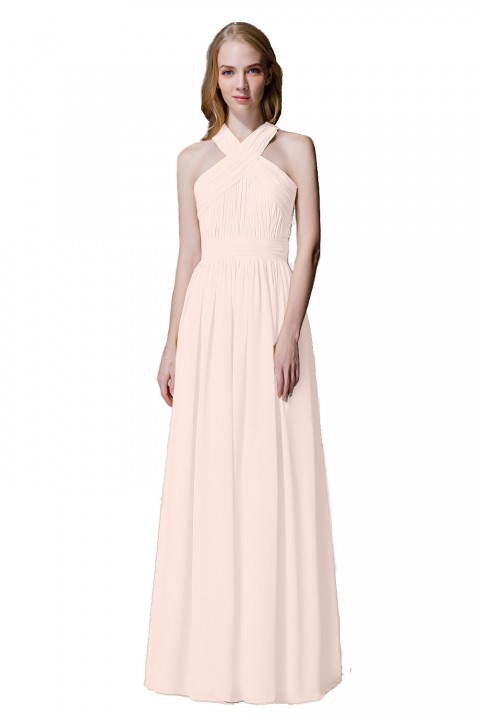 Criss-cross Halter Pleated Chiffon Bridesmaid Dress with Cross-straps Back