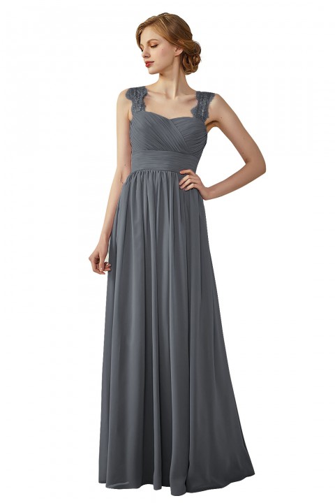 Pleated Long Chiffon Open Back Lace Strap Bridesmaid Dress