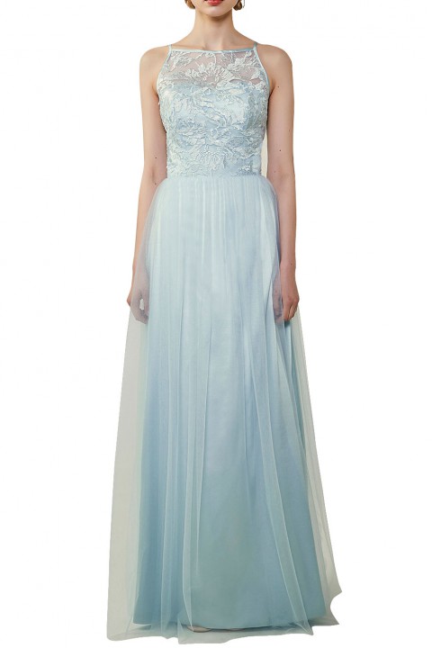 Tulle Lace Illusion Boatneck and Back Bridesmaid Dress with Keyhole 