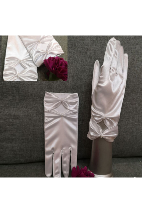 White Satin Pearl&Bow Decor Bridal Gloves