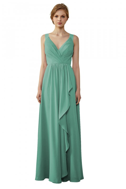 Lace Illusion Back Clousre Tulle Strap V-Neck Bridesmaid Dress with Ruffle