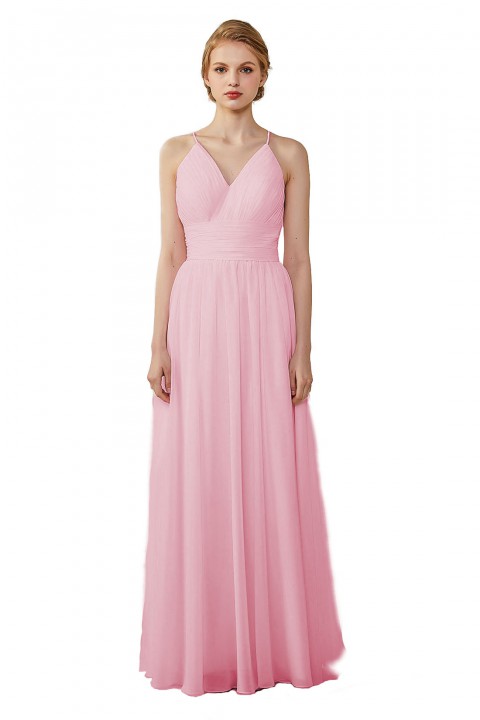 Spaghetti Straps V-Neck Bridesmaid Dress Open Back with Triangle Lace Detail