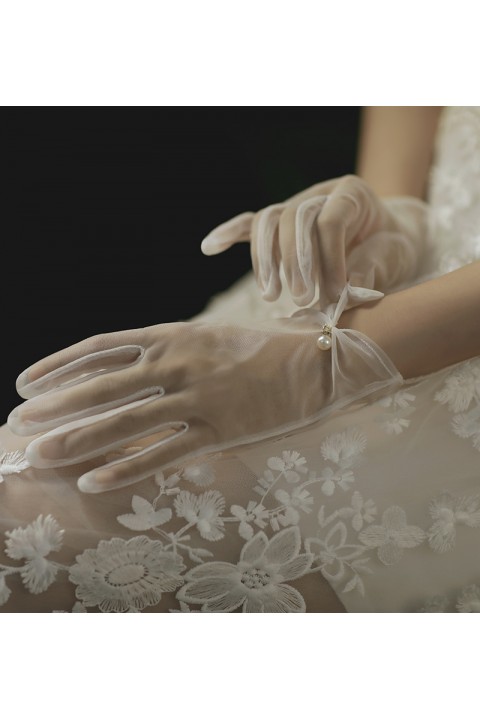 White Pearl Decor Thin Tulle&Satin Wedding Bridal Gloves