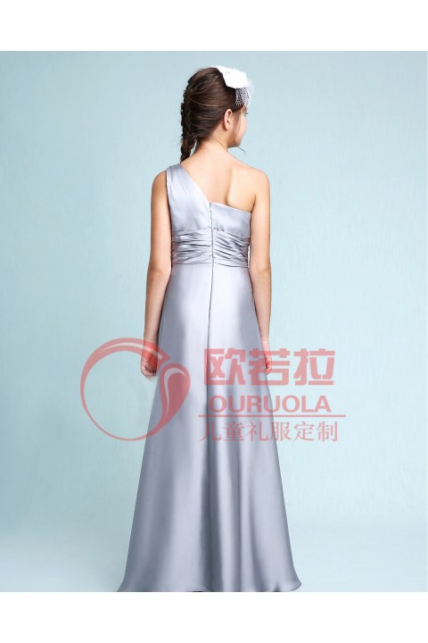 Sliver One-shoulder Sleeveless Satin Skirt Junior Bridesmaid Dresses