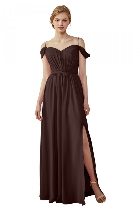 A-Line Cold Shoulder Spaghetti Straps Chiffon Bridesmaid Dress with Side Slit