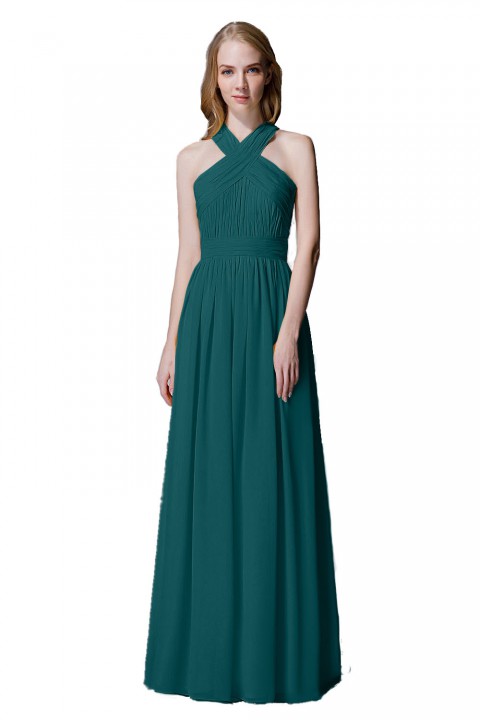 Criss-cross Halter Pleated Chiffon Bridesmaid Dress with Cross-straps Back