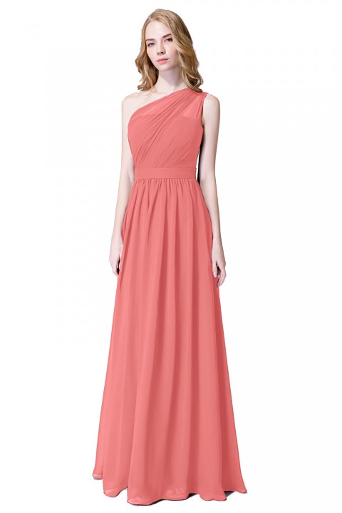 Illusion One-Shoulder Chiffon Pleated Bridesmaid Dress Long