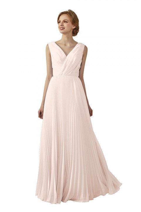 Chiffon V-Neck and V-Back A-Line Pleated Bridesmaid Dress 