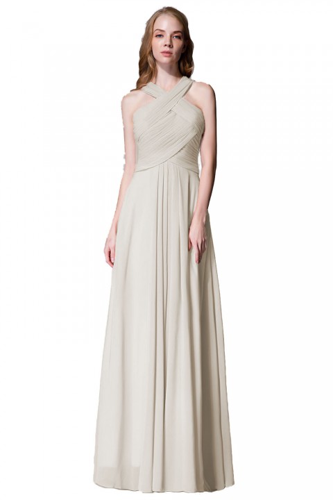 Chic Criss-cross Halter Pleated Chiffon Bridesmaid Dress Long