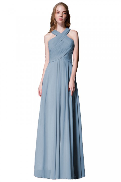 Chic Criss-cross Halter Pleated Chiffon Bridesmaid Dress Long