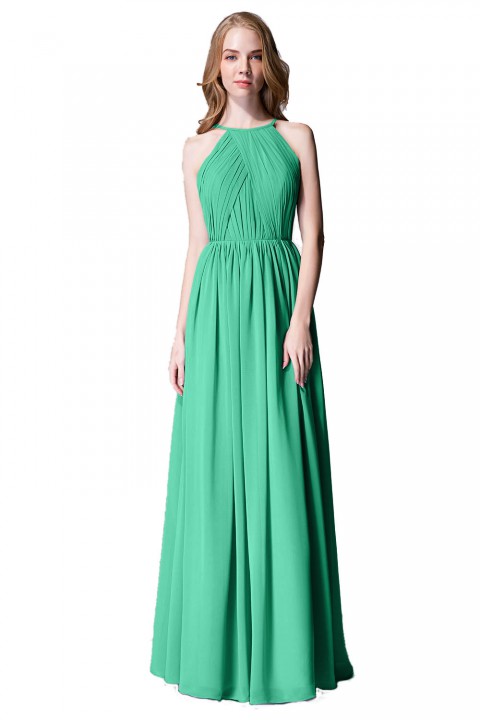 Pleated A-Line Halter Spaghetti-Straps Back Chiffon Bridesmaid Dress