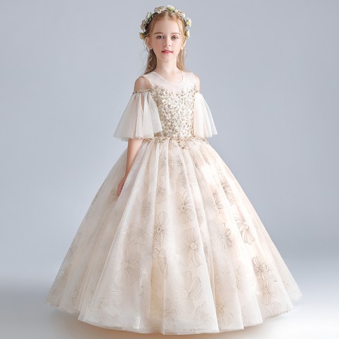Champagne Round Neck Cap Sleev Sequins Flowers Decor Tulle Skirt Girls Pagent Dresses
