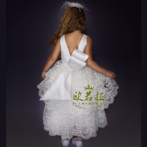 Round Neck Sleeveless Bow Back Decor Princess Lace Skirt Flower Girl Dresses