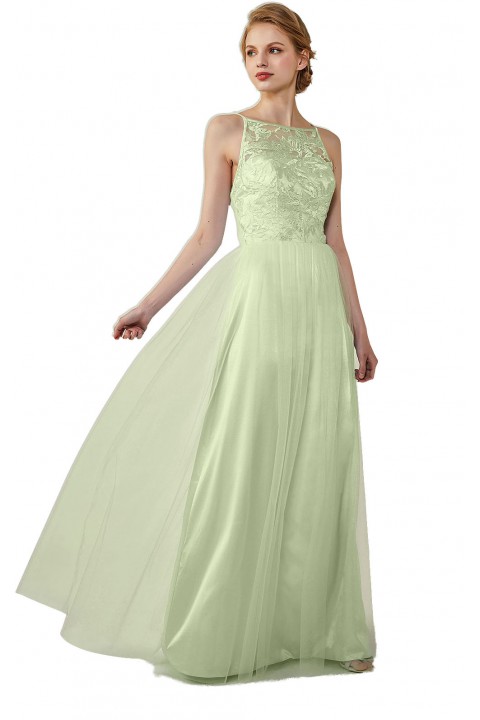 Tulle Lace Illusion Boatneck and Back Bridesmaid Dress with Keyhole 