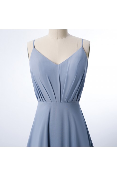 Adjustable Spaghetti Strap V Neck & Back Soft Ruched A-line Bridesmaid Dress